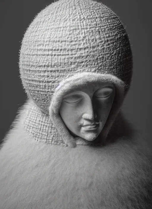 Prompt: realistic photo portrait of a a medieval antique old wooden sculpture of a female monk dressed white spherical fluffy hat helmet, greyscale 1 9 9 0, life magazine photo, natural colors,
