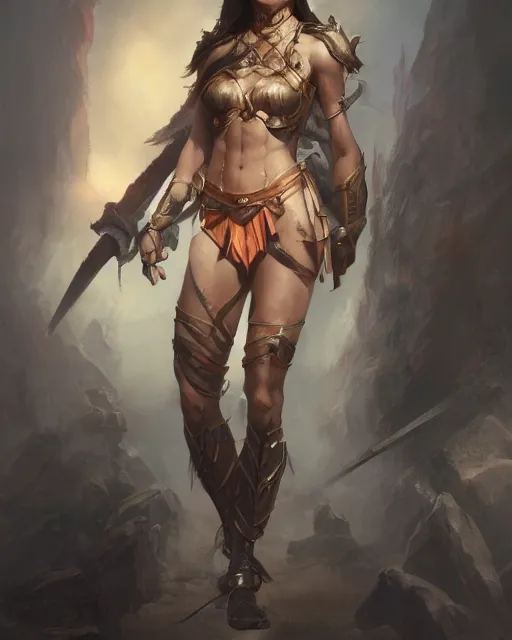 Image similar to full body portrait of a beautiful female warrior by Stanley Artgerm Lau, WLOP, Rossdraws, frank frazetta, Andrei Riabovitchev, Marc Simonetti, tranding on artstation