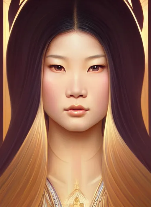Image similar to perfectly feminine face!! portrait of an asian goddess blessed by a nature goddess with ever - increasing physical mental perfection, blonde, symmetrical! intricate, sensual features, highly detailed, biblical divine holy perfection!! digital painting, artstation, concept art, smooth, sharp focus, illustration, art by artgerm and greg rutkowski and alphonse mucha