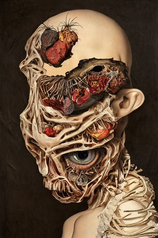 Image similar to Detailed maximalist portrait with large lips and with large, wide eyes, expressive, extra flesh and bones, HD mixed media, 3D collage, highly detailed and intricate, surreal, illustration in the style of Caravaggio, dark art, baroque