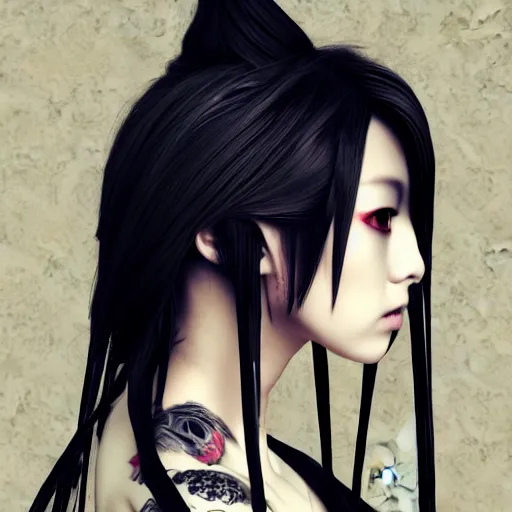 Image similar to japanese gothic model with maximalist hair style and kanji tattoos, dark colors, fashion model, portrait shot, depth of field, 8 k, hyper detailed, intricate, trending on artstation