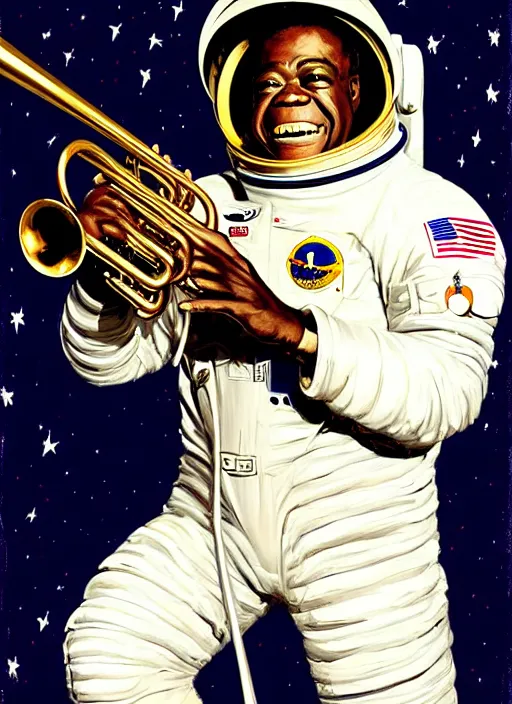 Prompt: a portrait of louis armstrong wearing a space suit on the moon, with a trumpet on the ground, by greg manchess and john singer sargent and jonathan yeo, dramatic lighting, highly detailed digital painting