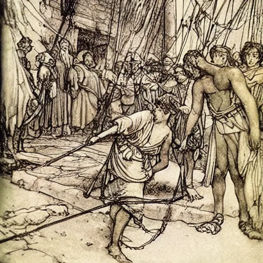 Image similar to Odysseus strings his bow, illustrated by Arthur Rackham, haunting, dreamlike