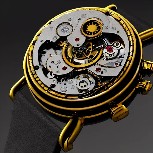 Image similar to a steampunk watch in polished gold and silver showing the detailed workings, macro photography, F/2.8, trending on artstation, octane render