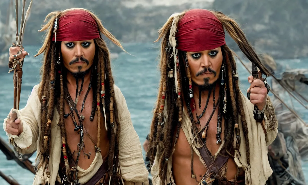 Image similar to Jack Sparrow played by Jennifer Lawrence, movie still, cinematic,