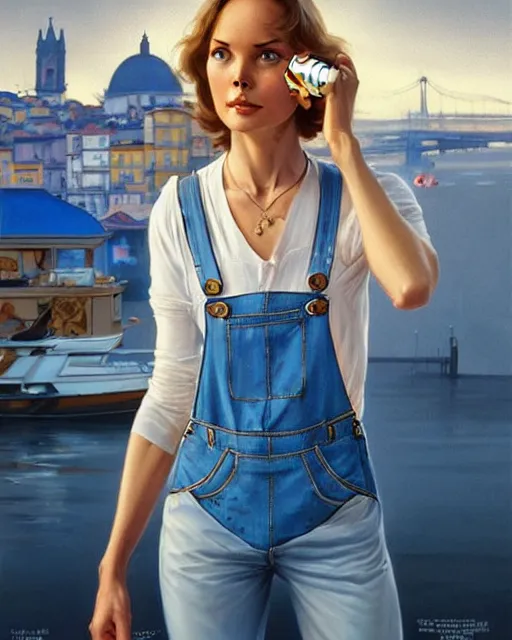 Prompt: a blonde fuller figured barbara bach from the bond film wearing blue dungarees and eating ice creams in porto, real life skin, intricate, elegant, highly detailed, artstation, concept art, smooth, sharp focus, art by artgerm and greg rutkowski and alphonse mucha