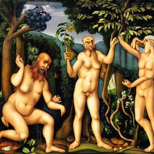 Image similar to God frowning in the Garden of Eden. Eve and Adam look guilty