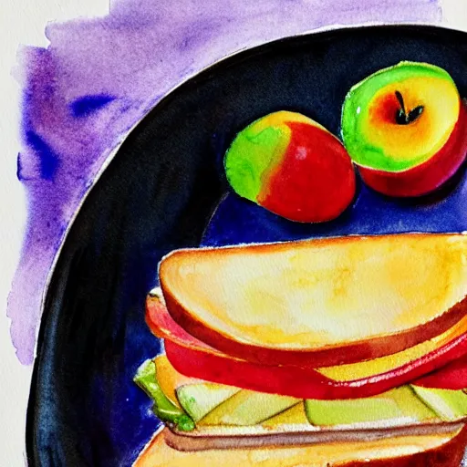 Image similar to bologna sandwich, plate, apple, watercolor, masterpiece