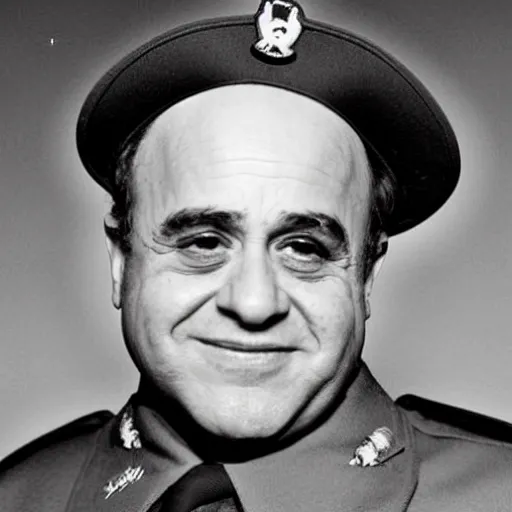 Image similar to 1942 portrait photograph, Danny DeVito in a Nazi officer's uniform