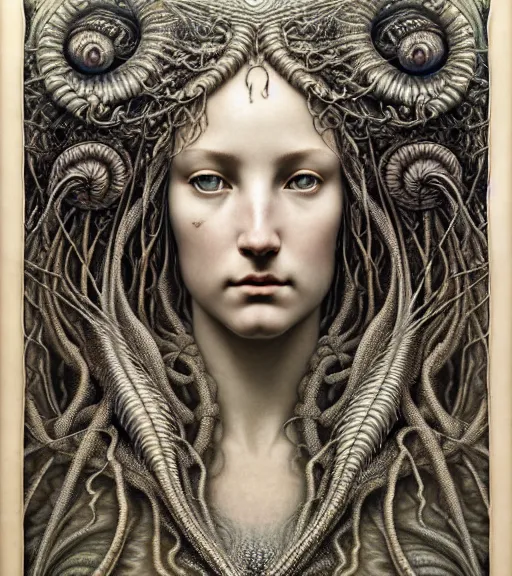 Prompt: detailed realistic beautiful ocean goddess face portrait by jean delville, gustave dore, iris van herpen and marco mazzoni, art forms of nature by ernst haeckel, art nouveau, symbolist, visionary, gothic, neo - gothic, pre - raphaelite, fractal lace, intricate alien botanicals, ai biodiversity, surreality, hyperdetailed ultrasharp octane render