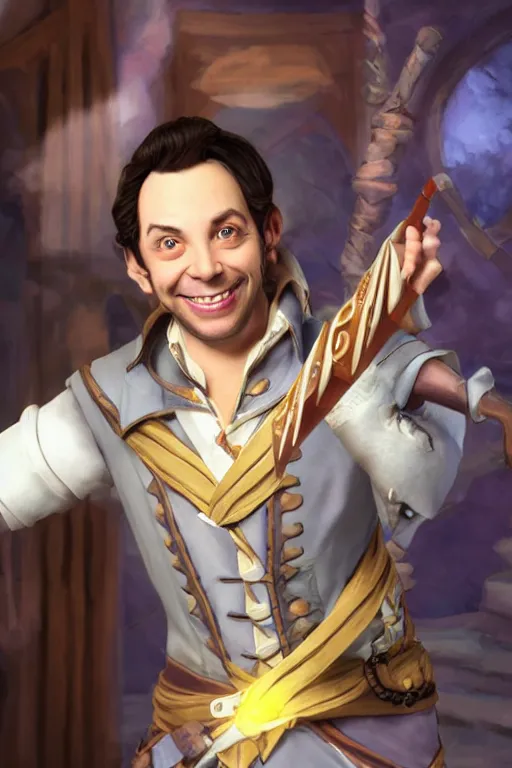 Image similar to Sam Riegel as Scanlan Shorthalt from Vox Machina, Halfling Bard, realistic cinematic shot, flipping you off using Bigby's Hand, subtle fog and mood lighting