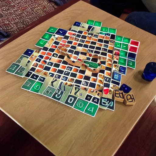 Image similar to eldritch scrabble being played with letters that spill off of the tiles