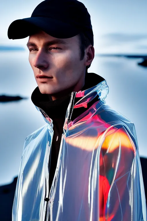 Image similar to an ultra high definition professional high fashion portrait studio full length photograph of a male model wearing a transparent pearlescent raincoat and neon visor in an icelandic black rock environment at dawn. no artefacts. extremely detailed. stark. refraction. shallow depth of field. volumetric light and shadow. ray tracing. light rays.