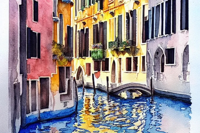 Image similar to !! watercolor!! venice in a sunny day, colorful high contrast,!! very coherent!!, dark shadow, thick lineart