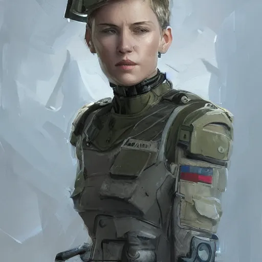 Prompt: Portrait of a woman by Greg Rutkowski, she is about 20 years old, athletic tomboy, attractive, military composure, short blonde hair, russian, she is wearing futuristic military fatigues, highly detailed portrait, digital painting, artstation, concept art, smooth, sharp foccus ilustration, Artstation HQ.