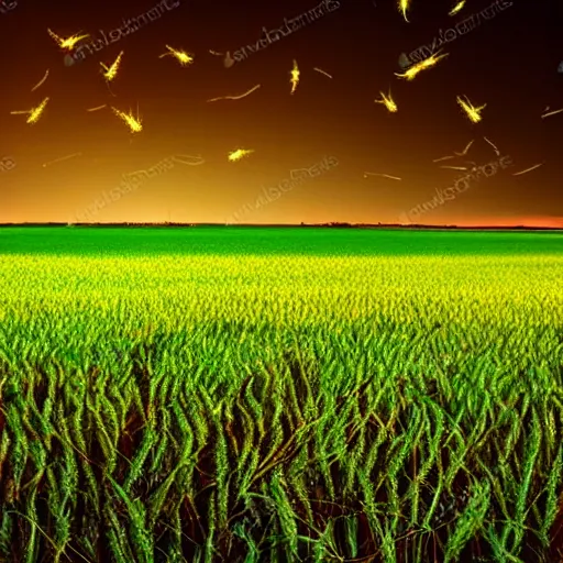 Prompt: hyper realistic wheat field with turquoise fireflies under a clear summer night sky