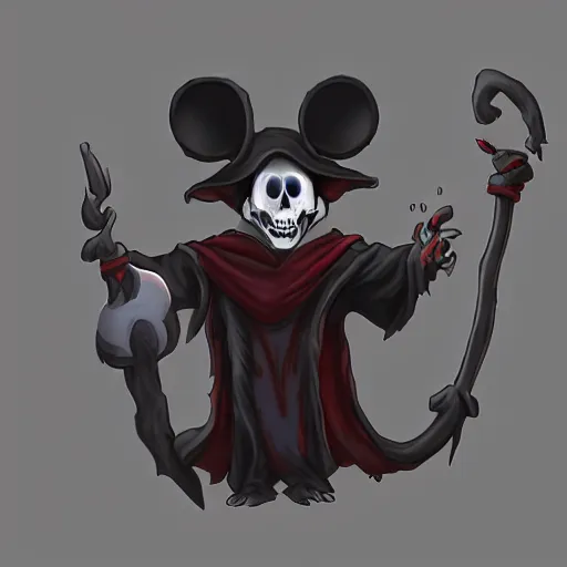 Prompt: photo of an anthropomorphic rat, ghostly anthropomorphic rat with skull face and glowing red eyes wearing black tattered robes and holding two blue flames, grim reaper except a rat, photorealistic, artstation