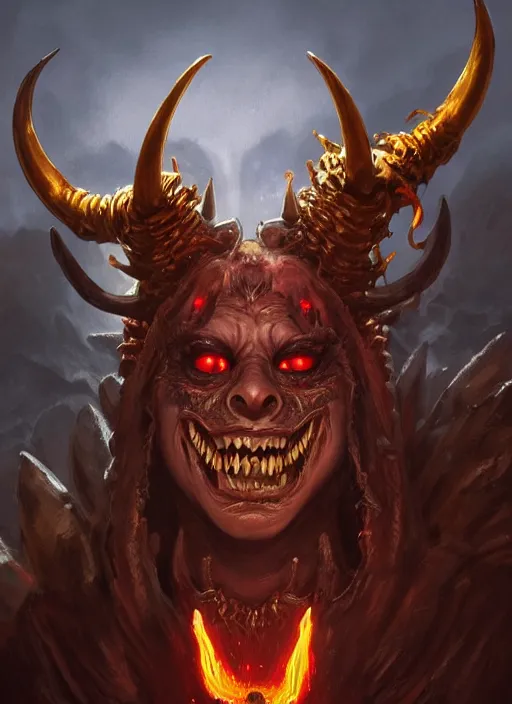 Image similar to hellish demon with forked tongue and horns, satan, gold fangs, close up, sinister, portrait, highly detailed, digital painting, artstation, concept art, matte, sharp focus, illustration, dramatic, cinematic sunset, hearthstone, art by artgerm and greg rutkowski and alphonse mucha