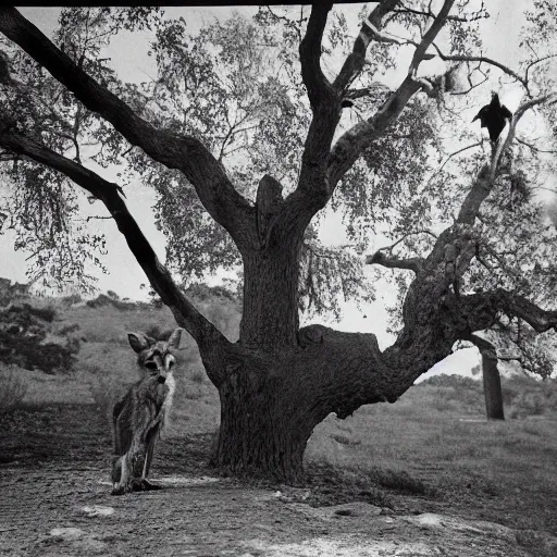 Image similar to realistic photograph of fantastic mr. fox standing under an old oak tree, wes anderson, ansel adams