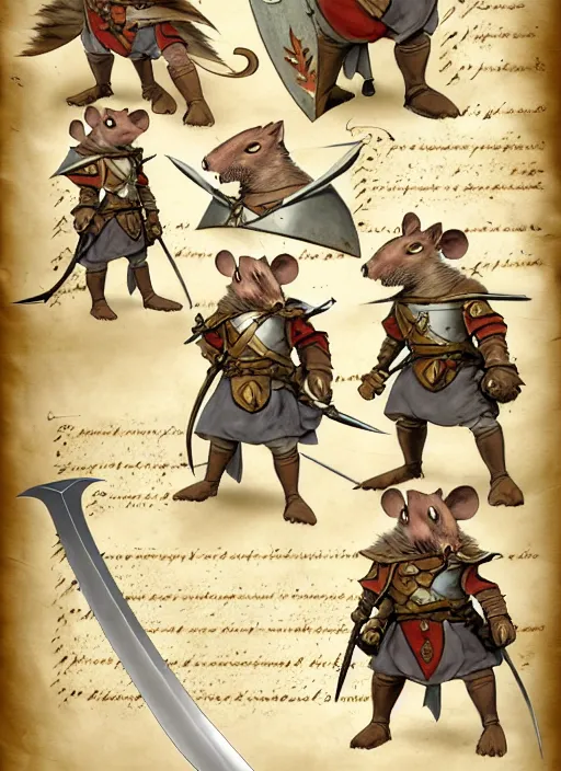 Image similar to character design sheet for a heroic mouse knight with sword and shield on a parchment background, redwall, greg rutowski and jean baptiste monge, detailed, epic fantasy concept art