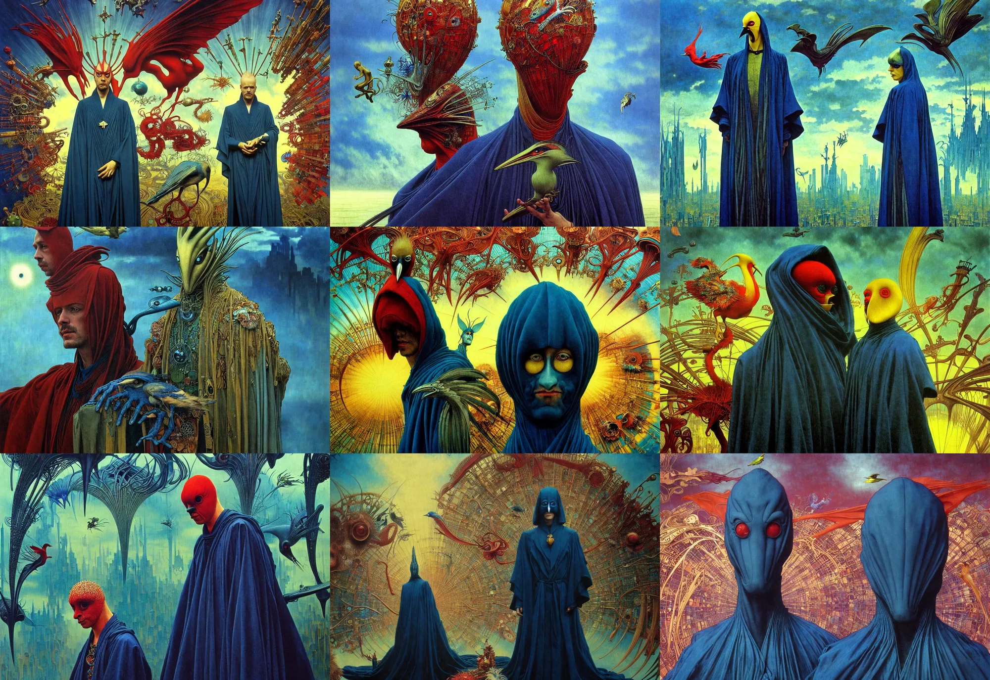 Prompt: realistic detailed portrait movie shot of a birdman wearing dark robes, sci fi city landscape background by denis villeneuve, amano, yves tanguy, alphonse mucha, ernst haeckel, max ernst, roger dean, masterpiece, rich moody colours, blue eyes, mysterious