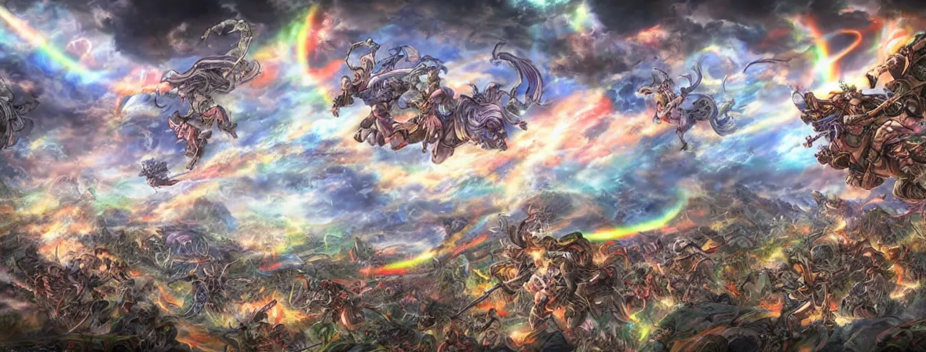 Prompt: a zoomed out panoramic view an army of ranbow soul calvary charging into the abyss. hyperrealistic anime background illustration by kim jung gi, colorful, extremely detailed intricate linework, smooth, super sharp focus, bright colors, high contrast, matte, octopath traveler, unreal engine 5 highly rendered, global illumination, radiant light