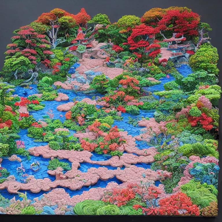 Prompt: plasticine painting of a japanese garden, highly detailed, vibrant, by ross tran and james jean