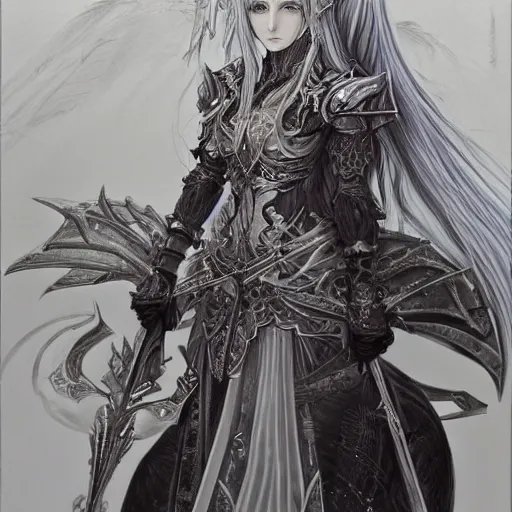 Prompt: a drawing of a woman with long white hair, wearing ornate armor, a character portrait by yoshitaka amano, featured on pixiv, fantasy art, official art, androgynous, anime