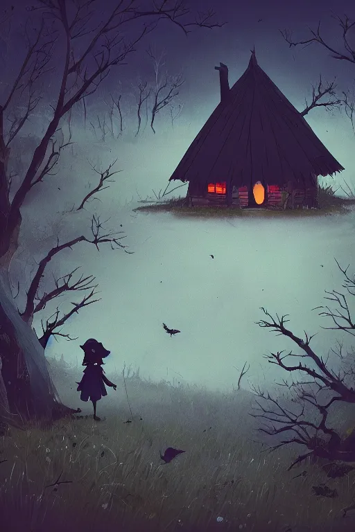 Image similar to a scary lonely witch's hut in the forest a lot of crows circling from above the view at the foot rule of thirds golden ratio, fake detail, trending pixiv fanbox, acrylic palette knife, style of makoto shinkai studio ghibli genshin impact james gilleard greg rutkowski chiho aoshima