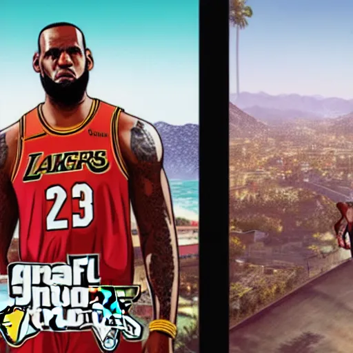 Prompt: lebron james in gta v cover art, art by stephen bliss, matte painting sharp focus