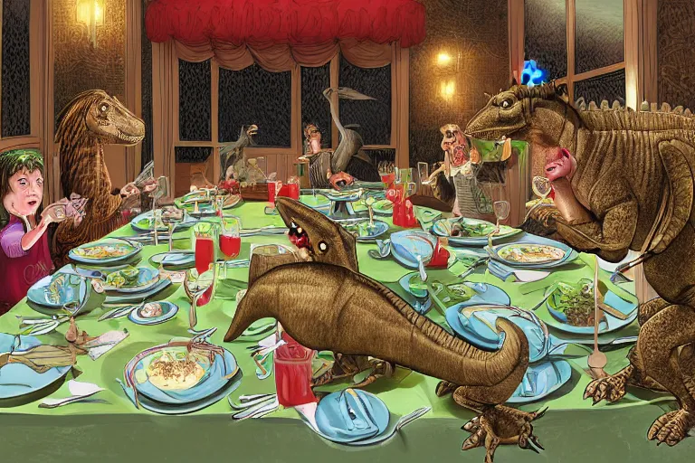 Image similar to a high quality highly detailed illustration of a dinosaur at a fancy dinner by mark teague, digital art, award winning childrens book