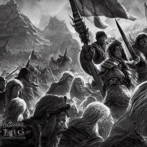 Image similar to vikings plunder the village and execute all the inhabitants in the style of kentaro miura, 4 k, 8 k, absolute detail of even the smallest details and particles, beautiful shadows, beautiful art, black and white drawing, high rendering of faces and characters