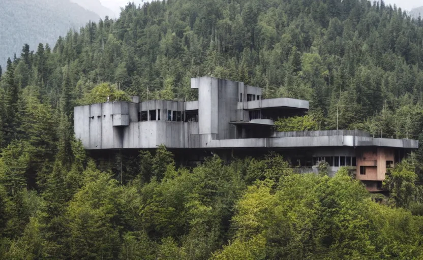 Prompt: cyberpunk brutalist house on a secluded mountain with trees around