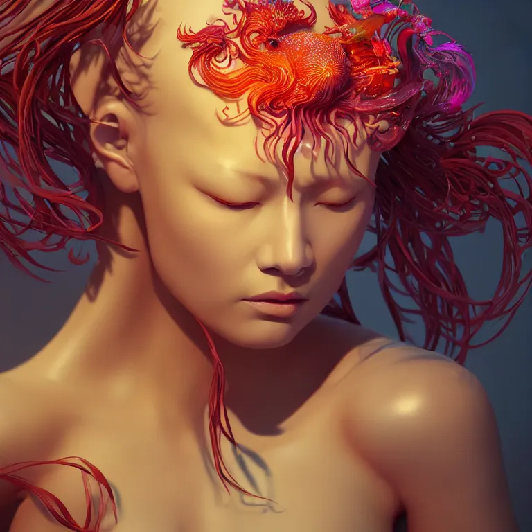 Image similar to goddess full painted acryllic sculpture close-up portrait. orchid bird phoenix jellyfish betta fish, intricate artwork by Tooth Wu and wlop and beeple. octane render, trending on artstation, greg rutkowski very coherent symmetrical artwork. cinematic, hyper realism, high detail, octane render, 8k