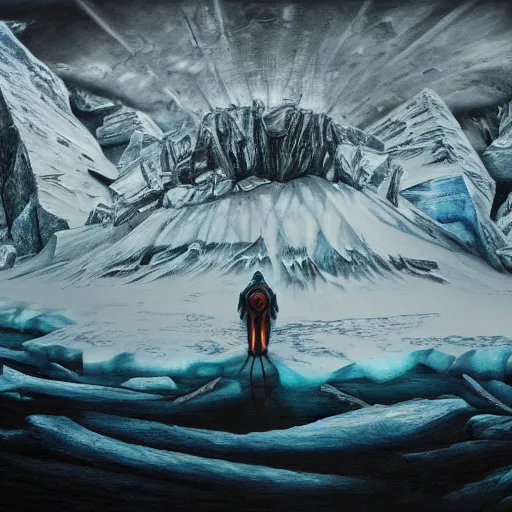 Prompt: menacing presence trailblazer Antarctica glacial cult incomprehensible topology ambience, realistic fantasy, oil painting, extremely high detail, photorealistic, cinematic lighting, oil painting, intricate line drawings, 4k resolution