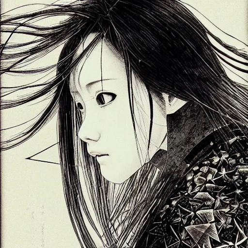 Image similar to Yoshitaka Amano realistic illustration of yuuki asuna ,hair fluttering in the wind, cracks on her face wearing Elden ring armour with engraving, abstract black and white patterns on the background, noisy film grain effect, highly detailed, Renaissance oil painting, weird portrait angle, blurred lost edges, three quarter view