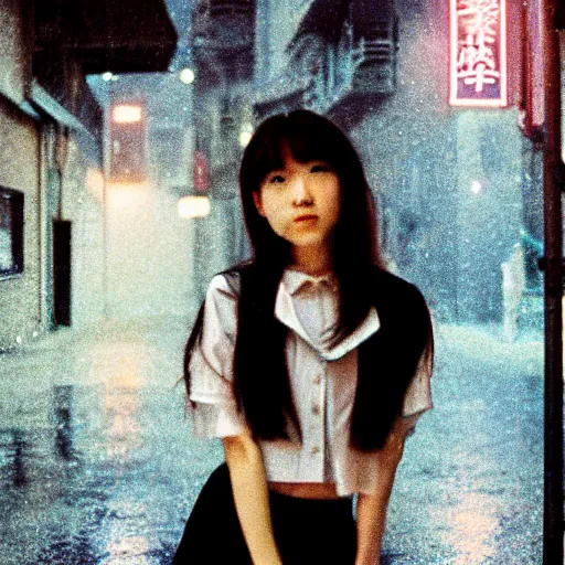 Image similar to 1990s perfect 8K HD professional cinematic photo of close-up japanese schoolgirl posing in dystopian alleyway with neon signs, at evening during rain, at instagram, Behance, Adobe Lightroom, with instagram filters, depth of field, taken with polaroid kodak portra