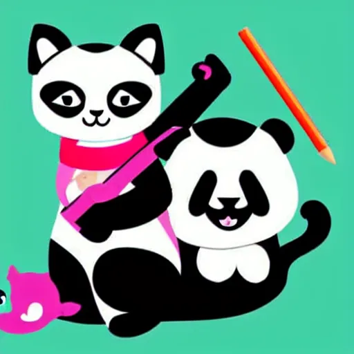 Prompt: kids drawning of a cute kitten with panda body and cat face, in a kimono, holds a sword