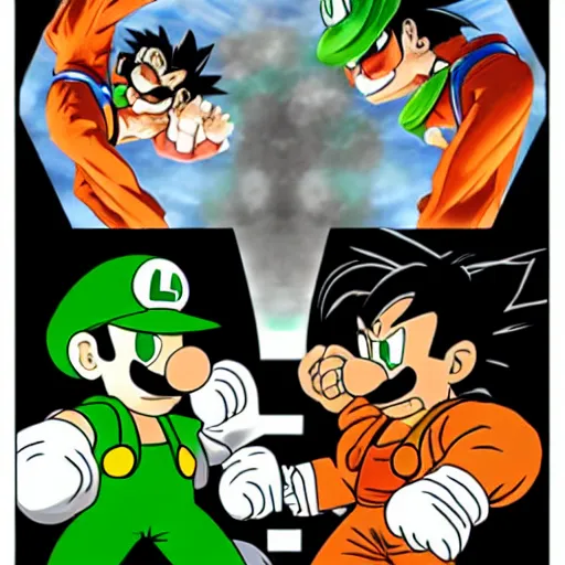 Image similar to luigi versus son goku, both have an epic battle, cinematic