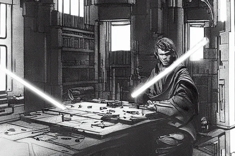 Prompt: anakin skywalker building his lightsaber in the Jedi library in the jedi temple on coruscant, beautiful concept art, amazing composition