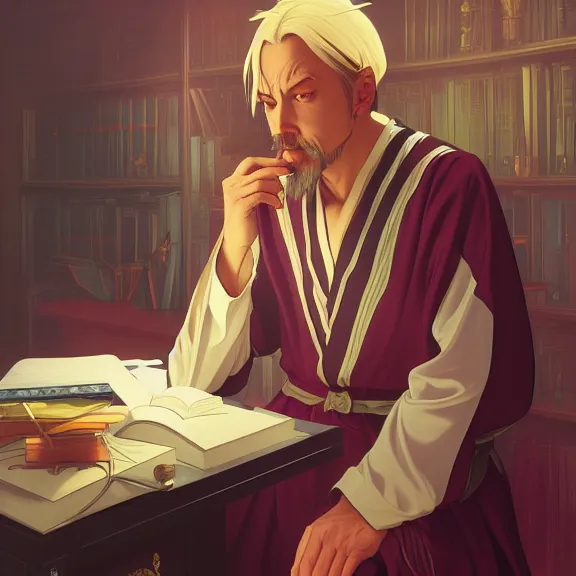 Image similar to fantasy portrait of a wizard procrastinating at his desk!!, wizard robes, in the style of ryan jia, highly detailed. smooth, sharp focus, soft lighting, illstration by ilya kuvshinov and katsura masakazu and alphonse mucha, 8 k