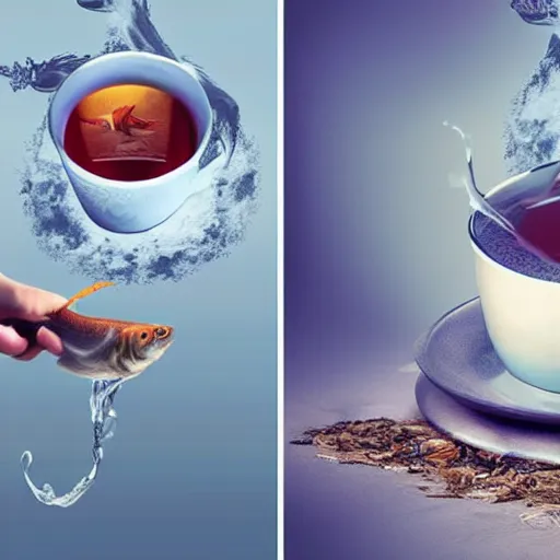 Image similar to photomanipulation of a supernatural fish drinking a cup of tea by a straw.