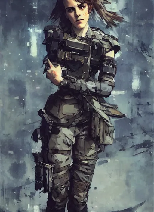 Image similar to emma watson wearing metal gear armor holding ak-47 dramatic lighting art by Yoji Shinkawa by Richard Schmid by greg rutkowski by Sandra Chevrier by Jeremy Lipking cinematic dramatic