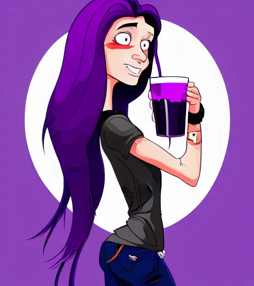 Prompt: thin white girl with long purple hair wearing a black t - shirt with skulls on the shirt and holding a beer, standing next to a raven. full color digital illustration in the style of don bluth, artgerm, artstation trending, 4 k
