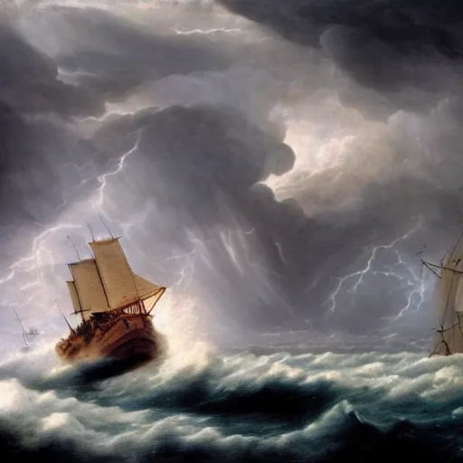 Prompt: noah's ark, massive wooden boat, no sails, among very high seas, massive waves, storm, dark, epic clouds, apocalyptic, dramatic lighting, john martin, michael bay, disaster,