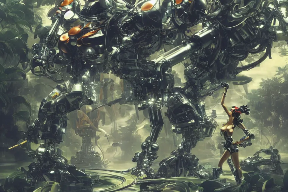 Prompt: an extreme close - up of a cyborg mecha nymph playing with a giant insect surrounded by saxophones, palm trees, jungle fruit, and stylized designer modular chrome eye candy, volumetric light caustics clouds of smoke, by hajime soryama, boris vallejo, bouguereau, mamoru nagano