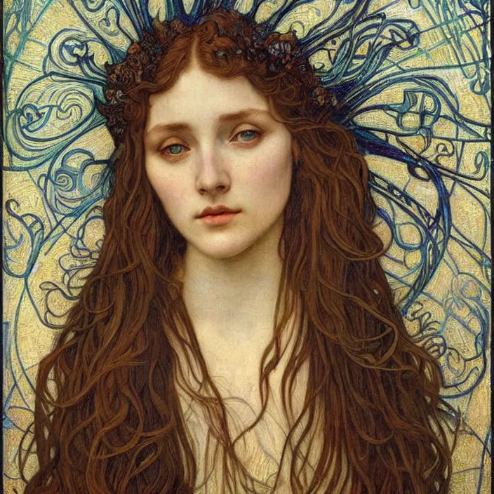 Image similar to detailed realistic beautiful young medieval queen face portrait by jean delville, alphonse mucha, vincent van gogh, and marco mazzoni, art nouveau, symbolist, visionary, gothic, pre - raphaelite