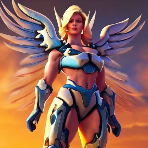 Image similar to a screenshot of arnold schwarzenegger as mercy in overwatch, angel wings, halo, portrait, fantasy, beautiful face, vivid colors, elegant, concept art, sharp focus, digital art, hyper - realistic, 4 k, unreal engine, highly detailed, hd, dramatic lighting by brom, trending on artstation