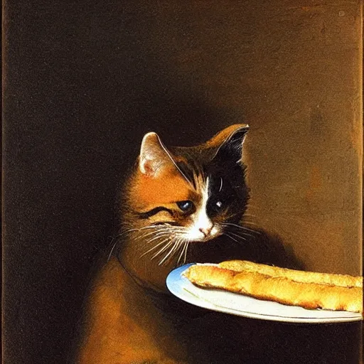 Prompt: cat eating a big sandwich, by Rembrandt