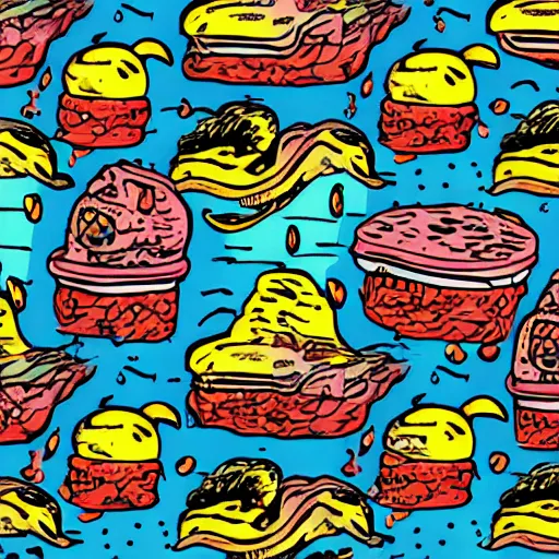 Prompt: pop - wonder - nft alien - meat half - tone - art of a schoolbus wading through the goopy - muck and slithering about the castle side delights on a melted cheesy day in a hand - drawn vector, svg, cult - classic - comic - style